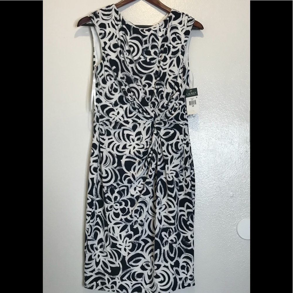 NWT Lauren Ralph Lauren Navy & White Scoop Neck Geometric Print Dress - Picture 1 of 7